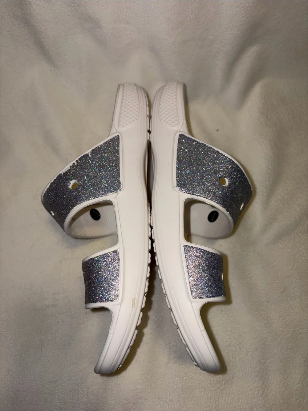Crocs Women's Double Band Glitter Slide Sandals - White with Sparkle women size